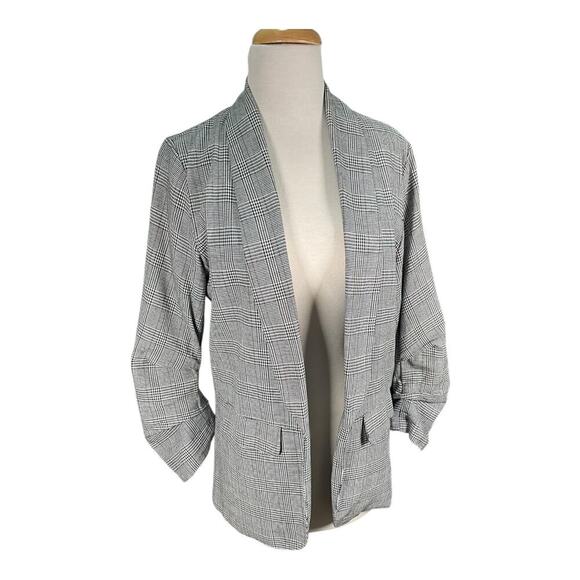 Shine Star Grey Micro Plaid Open Front Slouchy Blazer Functional Pockets Medium - Picture 4 of 10